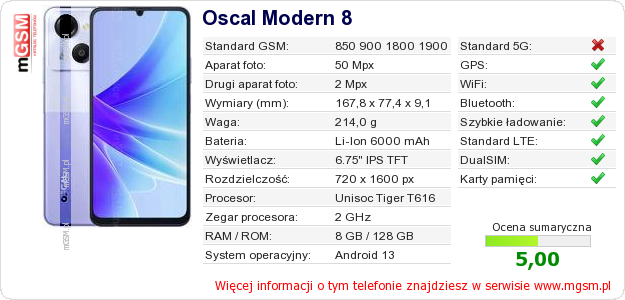 Dane telefonu Oscal Modern 8 Dane telefonu Oscal Modern 8
