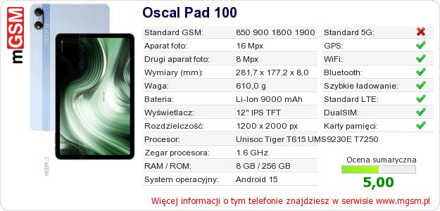 Dane telefonu Oscal Pad 100 Dane telefonu Oscal Pad 100