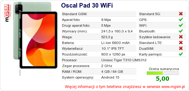 Dane telefonu Oscal Pad 30 WiFi