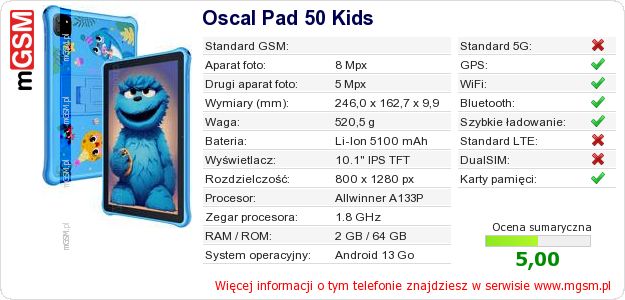 Dane telefonu Oscal Pad 50 Kids Dane telefonu Oscal Pad 50 Kids
