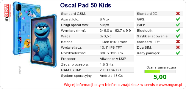 Dane telefonu Oscal Pad 50 Kids