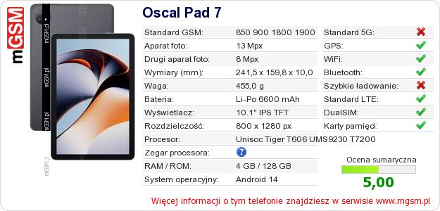 Dane telefonu Oscal Pad 7