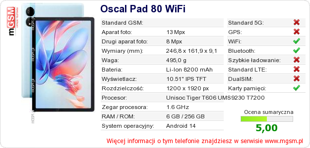 Dane telefonu Oscal Pad 80 WiFi