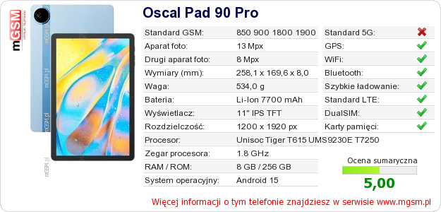 Dane telefonu Oscal Pad 90 Pro Dane telefonu Oscal Pad 90 Pro