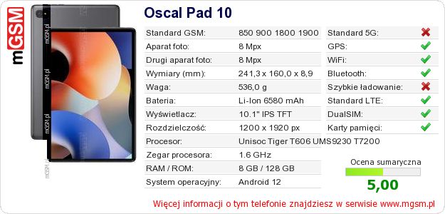 Dane telefonu Oscal Pad 10 Dane telefonu Oscal Pad 10