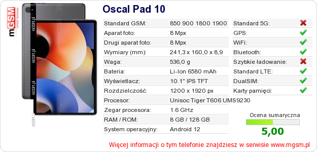 Dane telefonu Oscal Pad 10