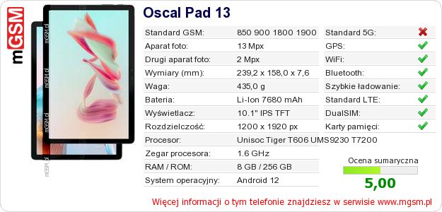 Dane telefonu Oscal Pad 13