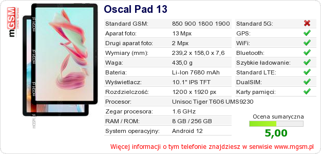 Dane telefonu Oscal Pad 13 Dane telefonu Oscal Pad 13