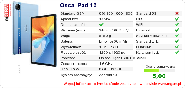 Dane telefonu Oscal Pad 16