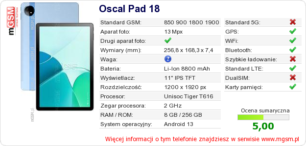 Dane telefonu Oscal Pad 18 Dane telefonu Oscal Pad 18