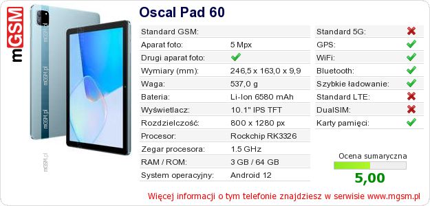 Dane telefonu Oscal Pad 60