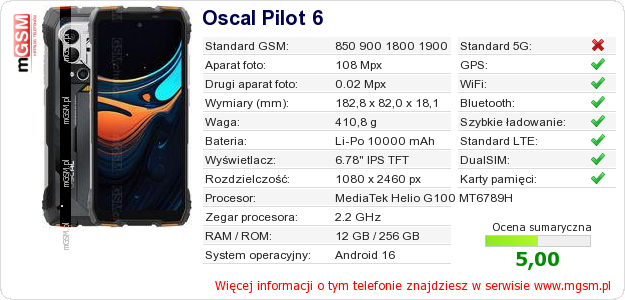 Dane telefonu Oscal Pilot 6