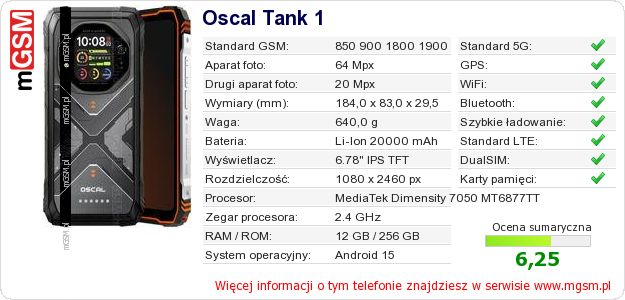 Dane telefonu Oscal Tank 1 Dane telefonu Oscal Tank 1