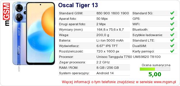 Dane telefonu Oscal Tiger 13