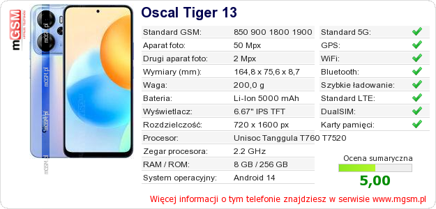 Dane telefonu Oscal Tiger 13 Dane telefonu Oscal Tiger 13