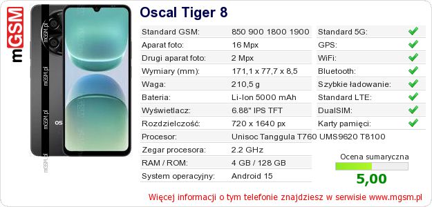 Dane telefonu Oscal Tiger 8 Dane telefonu Oscal Tiger 8