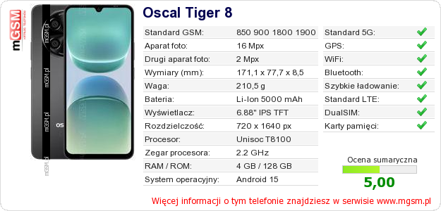 Dane telefonu Oscal Tiger 8 Dane telefonu Oscal Tiger 8