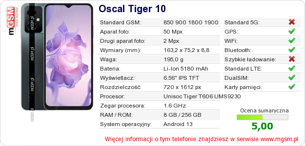Dane telefonu Oscal Tiger 10