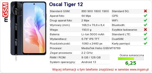 Dane telefonu Oscal Tiger 12 Dane telefonu Oscal Tiger 12