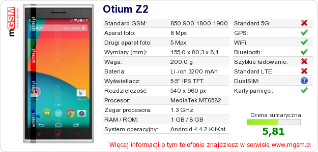 Dane telefonu Otium Z2