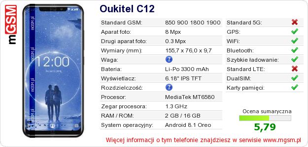 Dane telefonu Oukitel C12