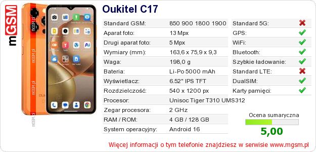 Dane telefonu Oukitel C17 Dane telefonu Oukitel C17