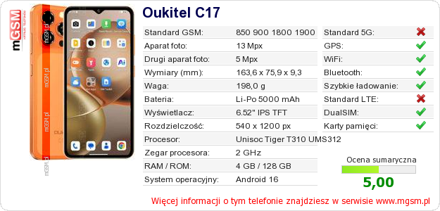 Dane telefonu Oukitel C17