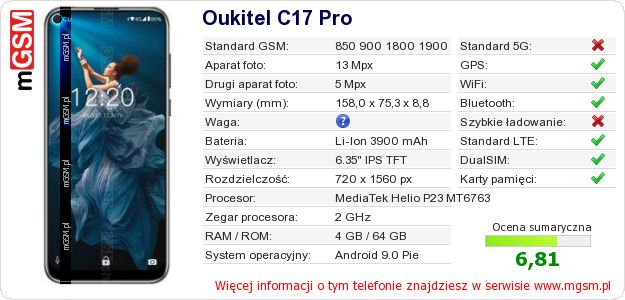 Dane telefonu Oukitel C17 Pro Dane telefonu Oukitel C17 Pro