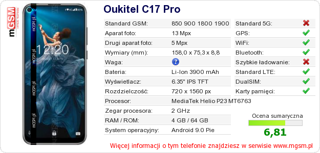 Dane telefonu Oukitel C17 Pro