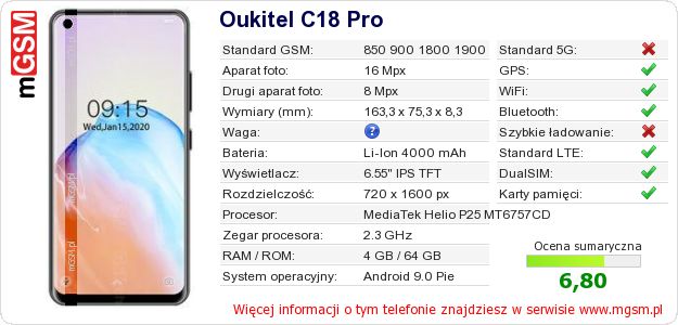 Dane telefonu Oukitel C18 Pro Dane telefonu Oukitel C18 Pro