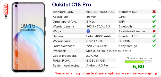 Dane telefonu Oukitel C18 Pro