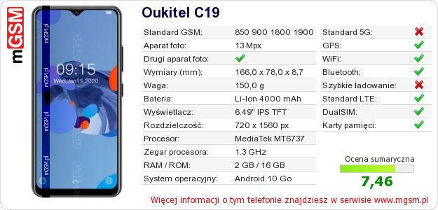 Dane telefonu Oukitel C19