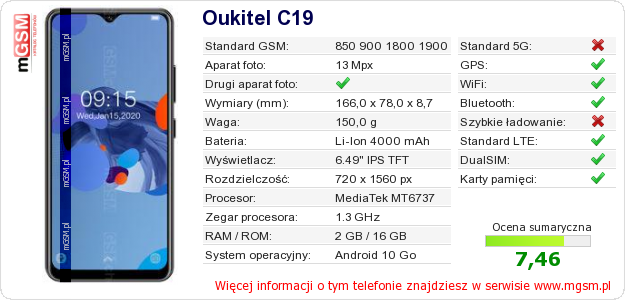Dane telefonu Oukitel C19 Dane telefonu Oukitel C19