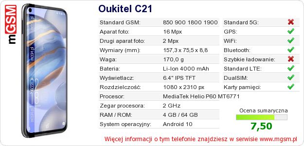 Dane telefonu Oukitel C21