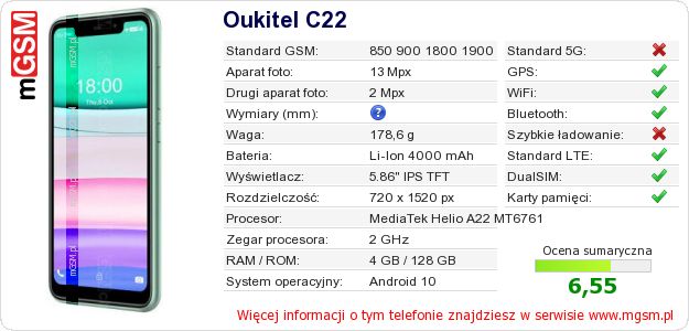 Dane telefonu Oukitel C22 Dane telefonu Oukitel C22