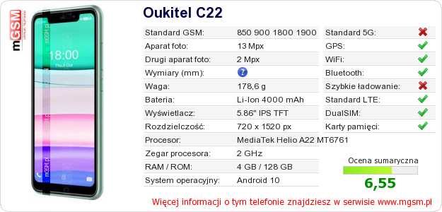Dane telefonu Oukitel C22 Dane telefonu Oukitel C22