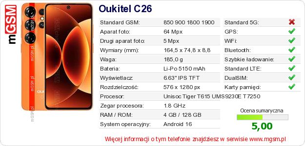 Dane telefonu Oukitel C26 Dane telefonu Oukitel C26
