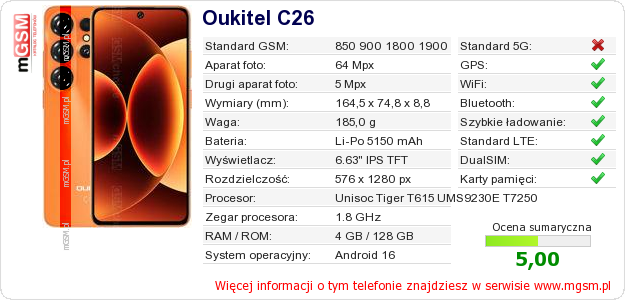 Dane telefonu Oukitel C26