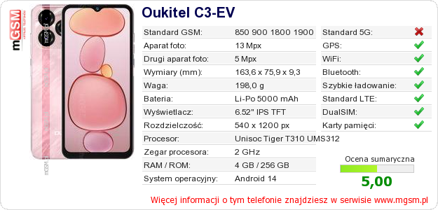 Dane telefonu Oukitel C3-EV Dane telefonu Oukitel C3-EV