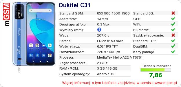 Dane telefonu Oukitel C31