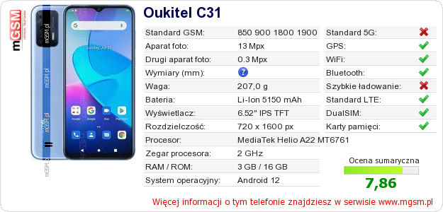 Dane telefonu Oukitel C31