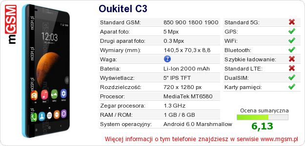 Dane telefonu Oukitel C3 Dane telefonu Oukitel C3