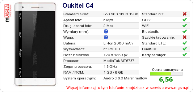 Dane telefonu Oukitel C4 Dane telefonu Oukitel C4