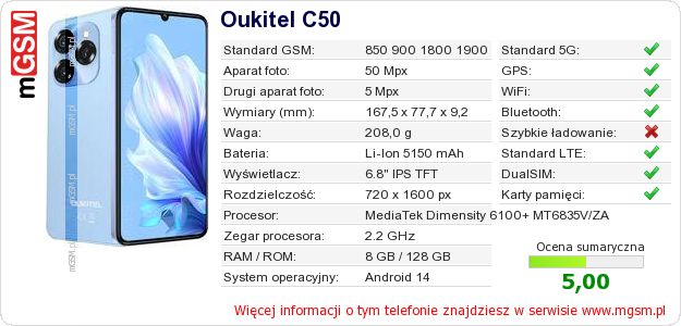 Dane telefonu Oukitel C50 Dane telefonu Oukitel C50