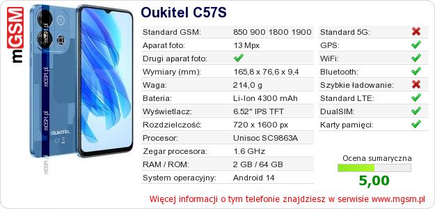 Dane telefonu Oukitel C57S