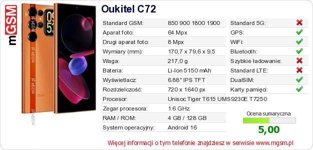Dane telefonu Oukitel C72 Dane telefonu Oukitel C72