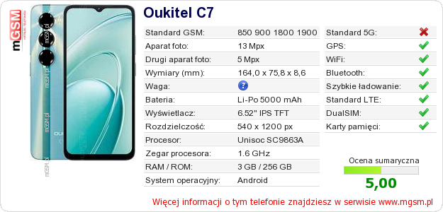 Dane telefonu Oukitel C7 Dane telefonu Oukitel C7