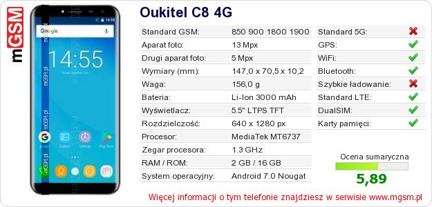 Dane telefonu Oukitel C8 4G Dane telefonu Oukitel C8 4G