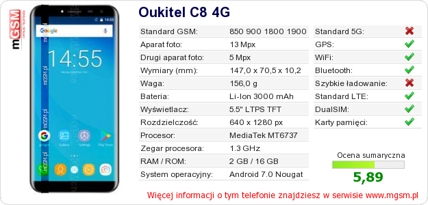 Dane telefonu Oukitel C8 4G