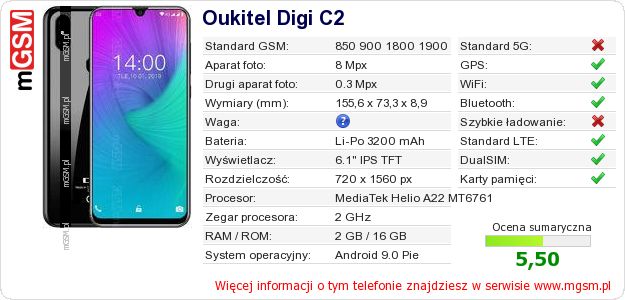 Dane telefonu Oukitel Digi C2 Dane telefonu Oukitel Digi C2